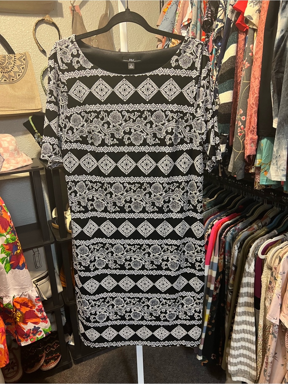 R&K Black and White Geometric Floral Midi Dress